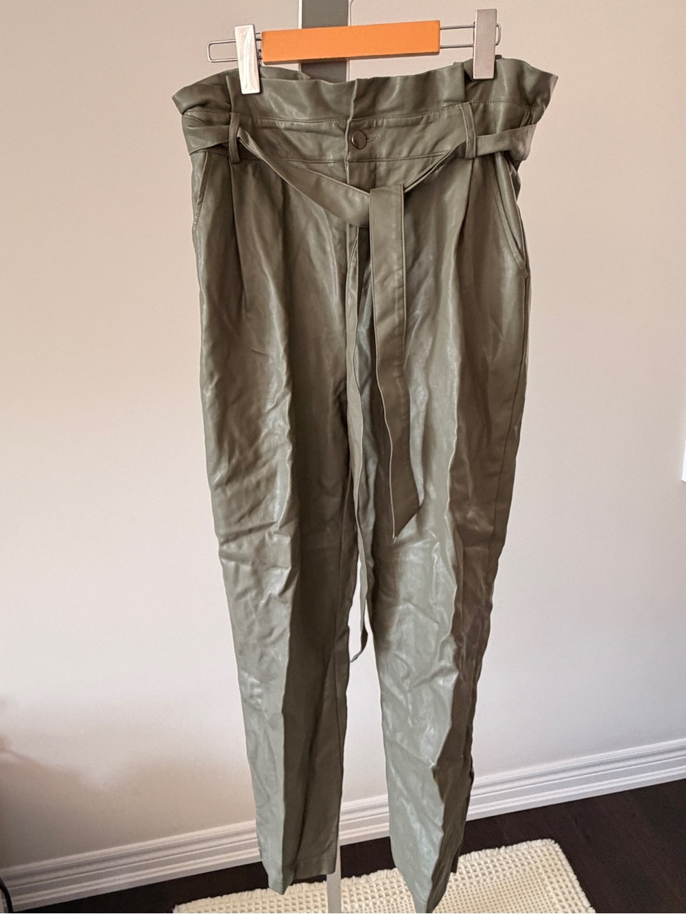 Gilli Olive Green Paperbag Vegan Leather Pants With Tie Belt